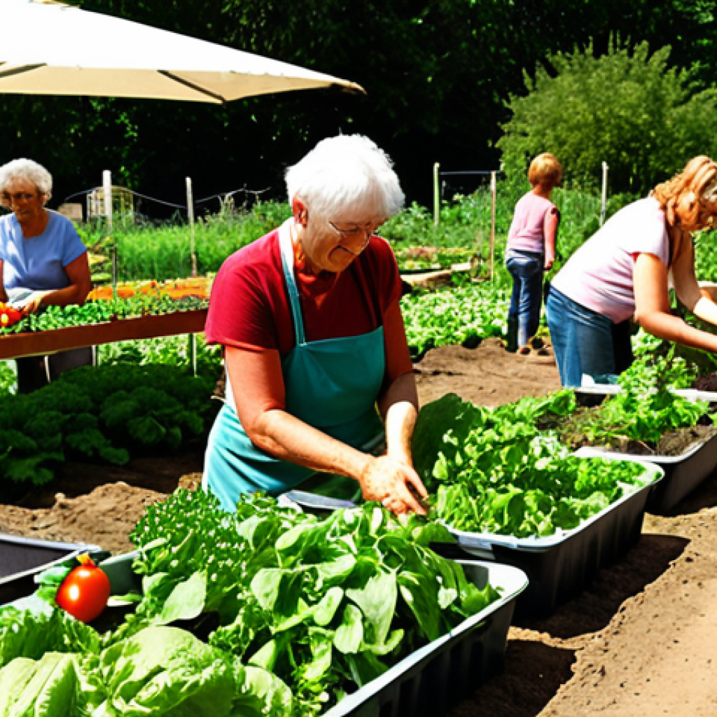 **Image Prompt:** A vibrant community garden scene. Diverse people of all ages are tending to vegetable patches bursting with ripe tomatoes, lettuce, and herbs. In the background, a table laden with freshly harvested produce creates a sense of abundance and shared harvest. Sunlight filters through, highlighting the joyful interaction and the concept of "Gemeinsam Gärtnern gegen steigende Preise" (Gardening Together Against Rising Prices). Focus on natural light and a sense of community.