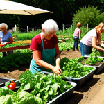**Image Prompt:** A vibrant community garden scene. Diverse people of all ages are tending to vegetable patches bursting with ripe tomatoes, lettuce, and herbs. In the background, a table laden with freshly harvested produce creates a sense of abundance and shared harvest. Sunlight filters through, highlighting the joyful interaction and the concept of "Gemeinsam Gärtnern gegen steigende Preise" (Gardening Together Against Rising Prices). Focus on natural light and a sense of community.