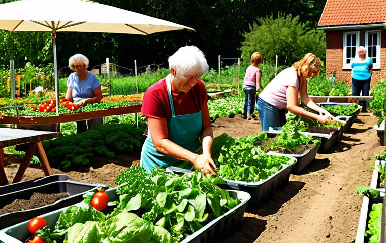 **Image Prompt:** A vibrant community garden scene. Diverse people of all ages are tending to vegetable patches bursting with ripe tomatoes, lettuce, and herbs. In the background, a table laden with freshly harvested produce creates a sense of abundance and shared harvest. Sunlight filters through, highlighting the joyful interaction and the concept of "Gemeinsam Gärtnern gegen steigende Preise" (Gardening Together Against Rising Prices). Focus on natural light and a sense of community.