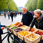 **Prompt:** A vibrant, community-driven food-sharing scene in Berlin. People of all ages exchanging surplus food at a Foodsharing.de "Fairteiler" (distribution point). Focus on the friendly atmosphere and the abundance of fresh produce, bread, and other rescued foods. Depict a modern, urban setting with bicycles and eco-conscious individuals.
