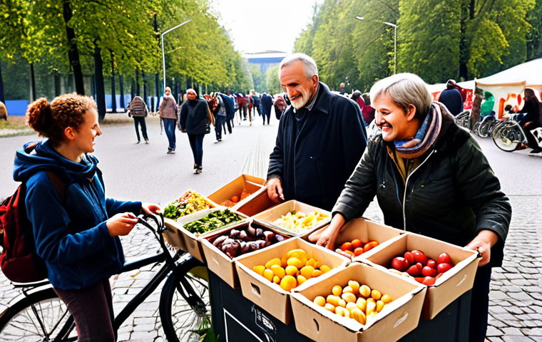 **Prompt:** A vibrant, community-driven food-sharing scene in Berlin. People of all ages exchanging surplus food at a Foodsharing.de "Fairteiler" (distribution point). Focus on the friendly atmosphere and the abundance of fresh produce, bread, and other rescued foods. Depict a modern, urban setting with bicycles and eco-conscious individuals.