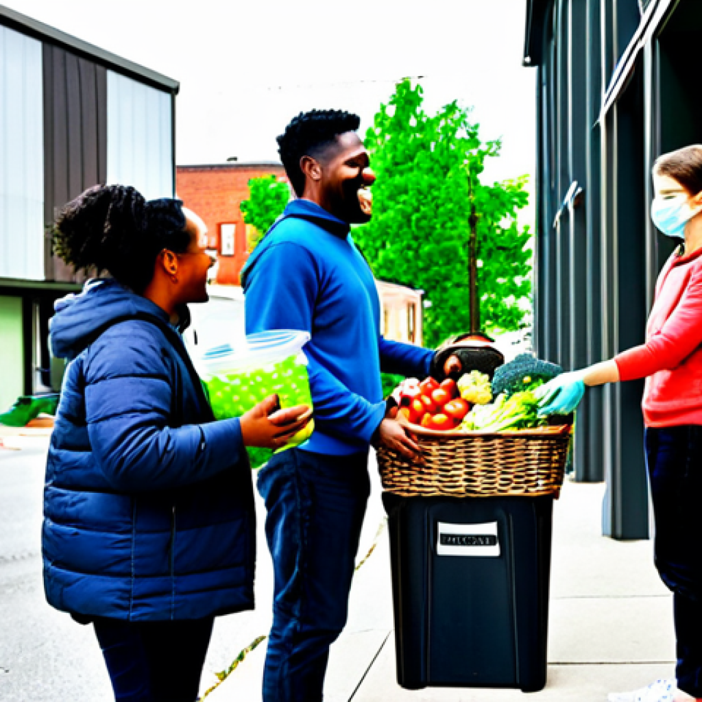 Food Sharing Scene**
Prompt: "A group of diverse people in a friendly neighborhood scene, exchanging reusable containers filled with food. One person is handing a basket of fresh vegetables to another. The scene is bright and cheerful, taking place in front of a building with a 'Foodsharing' sign. Focus on community and sustainability. Fully clothed, appropriate attire, safe for work, perfect anatomy, natural proportions, professional, family-friendly."
**