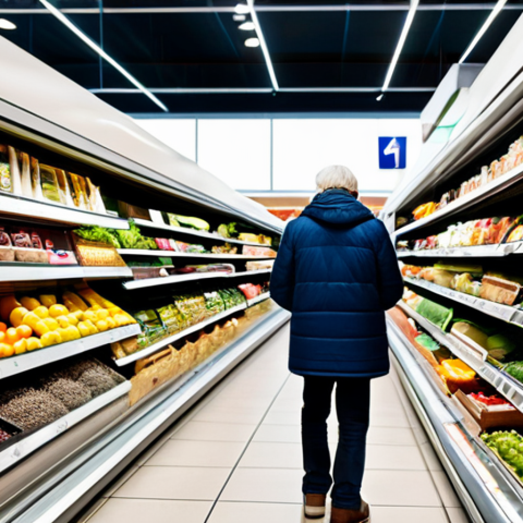 **
A bright and modern German supermarket aisle. Focus on perfectly organized produce section with clear signage about "Mindesthaltbarkeitsdatum" (best before date) and tips for proper storage. A diverse group of shoppers (all ages) are thoughtfully examining produce. One shopper is using a smartphone app to scan a product. Subtle details like reusable shopping bags are present. Fully clothed shoppers, appropriate content, safe for work, professional photography, correct proportions, perfect anatomy, family-friendly.
**