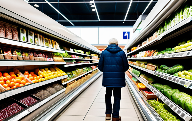 **
A bright and modern German supermarket aisle. Focus on perfectly organized produce section with clear signage about "Mindesthaltbarkeitsdatum" (best before date) and tips for proper storage. A diverse group of shoppers (all ages) are thoughtfully examining produce. One shopper is using a smartphone app to scan a product. Subtle details like reusable shopping bags are present. Fully clothed shoppers, appropriate content, safe for work, professional photography, correct proportions, perfect anatomy, family-friendly.
**
