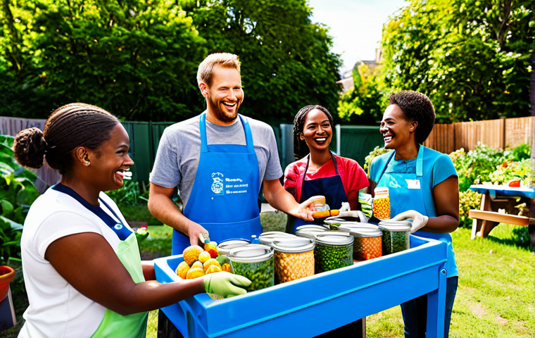 Community Food Sharing**
"A group of diverse, fully clothed people smiling and exchanging reusable containers filled with food in a bright, sunny community garden setting, appropriate attire, safe for work, promoting food sharing initiative, happy and positive atmosphere, perfect anatomy, natural proportions, professional photography, high quality."
**
