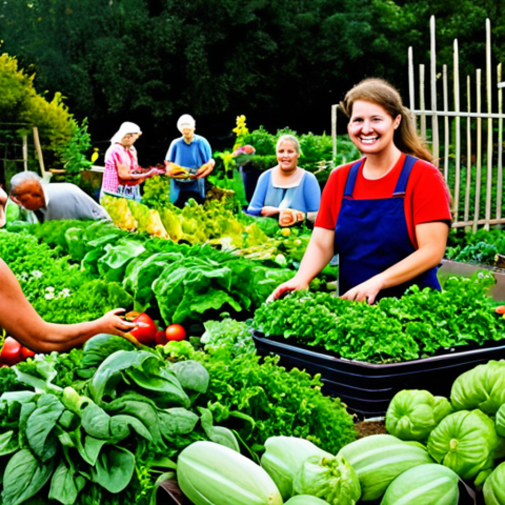 공동체 기반 음식 나눔 모델 - Community Garden Harvest**
A vibrant community garden scene, overflowing with vegetables and herbs....