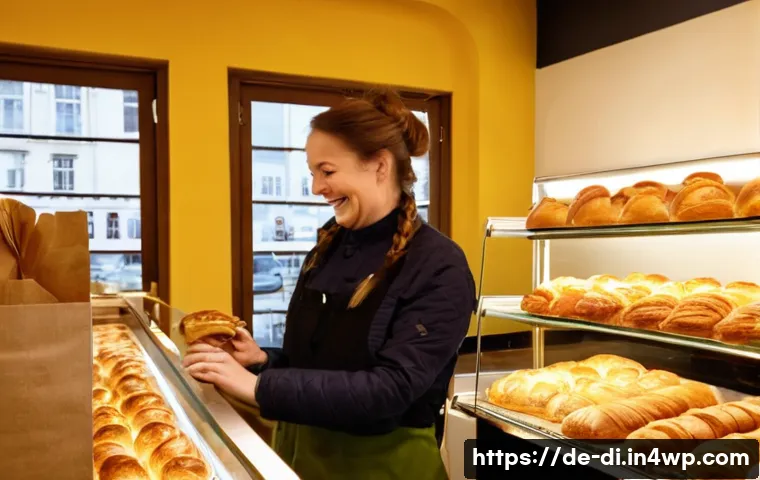 음식 나눔 플랫폼 비교 분석 - **Prompt 1: Joyful Food Saving at a German Bakery**
"A vibrant, eye-level shot inside a cozy, tr...