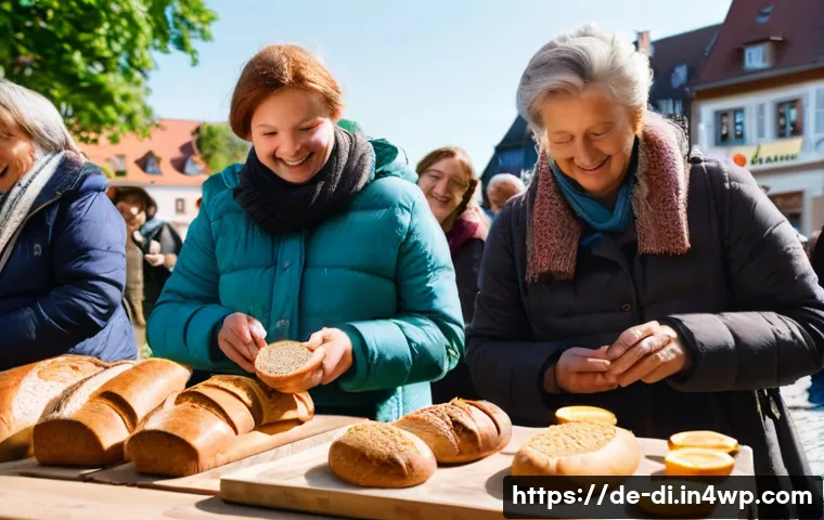 성공적인 음식 나눔 캠페인 사례 연구 - **Community Food Sharing in a German City Square**
A vibrant, sunlit scene in a bustling German ...