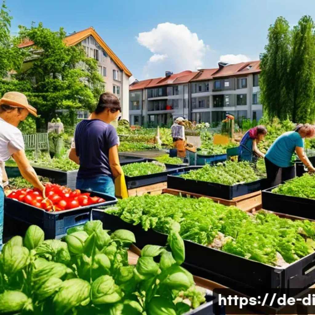 음식 나눔을 통한 사회적 연대 강화 - A vibrant urban community garden in Germany during a sunny afternoon, diverse group of neighbors inc...