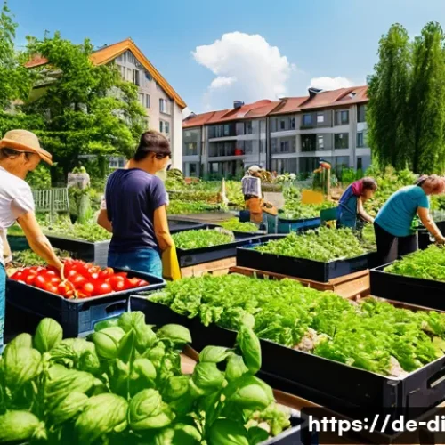 Home 31 음식 나눔을 통한 사회적 연대 강화 - A vibrant urban community garden in Germany during a sunny afternoon, diverse group of neighbors inc...