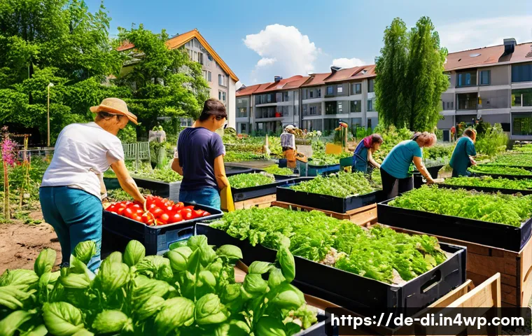음식 나눔을 통한 사회적 연대 강화 - A vibrant urban community garden in Germany during a sunny afternoon, diverse group of neighbors inc...