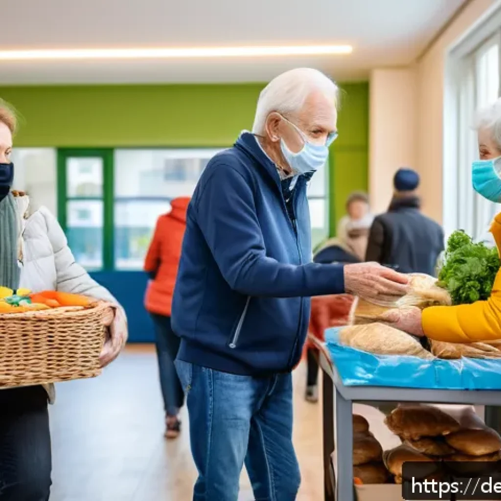 음식 나눔 프로그램의 효과 측정 방법 - A warm and inviting food distribution scene at a community center in a German city, showing diverse ...