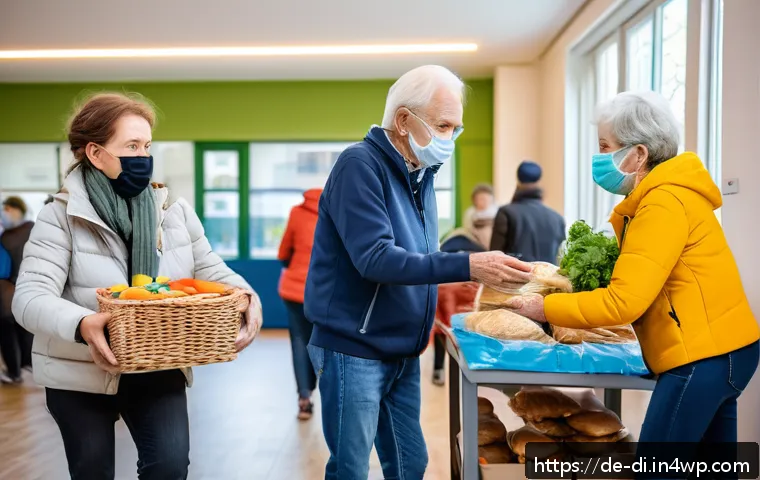 음식 나눔 프로그램의 효과 측정 방법 - A warm and inviting food distribution scene at a community center in a German city, showing diverse ...