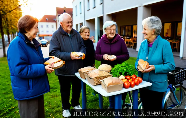 Home 17 음식 나눔의 사회적 인식 변화 - Photorealistic community food-sharing table outside a welcoming German neighborhood center, a divers...